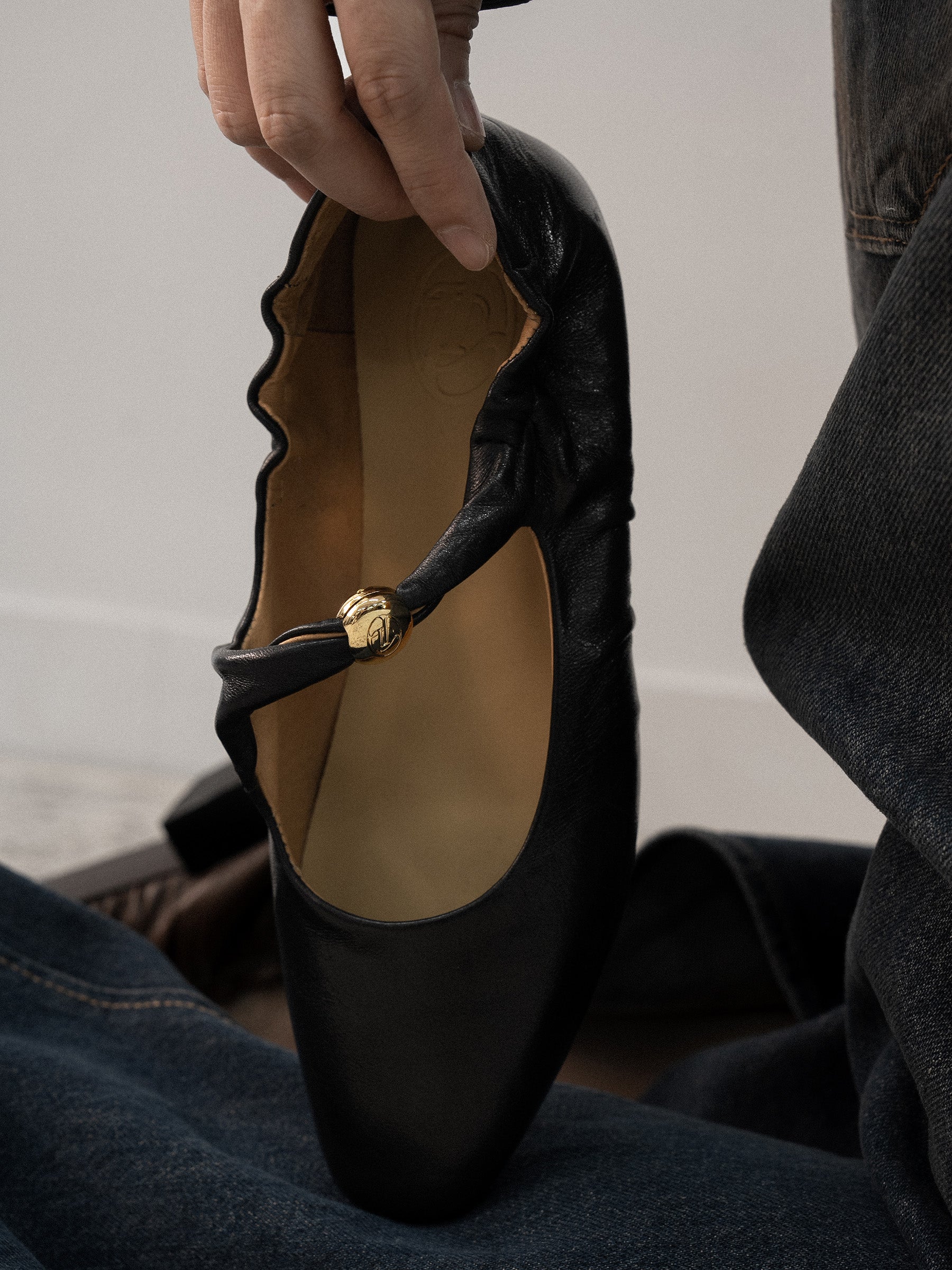 Eileen|| Round Toe Gold Bead Embellished Leather Flats