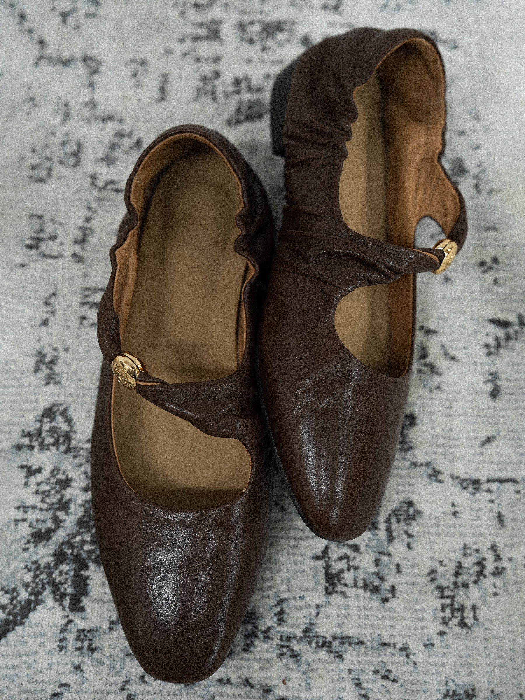 Eileen|| Round Toe Gold Bead Embellished Leather Flats