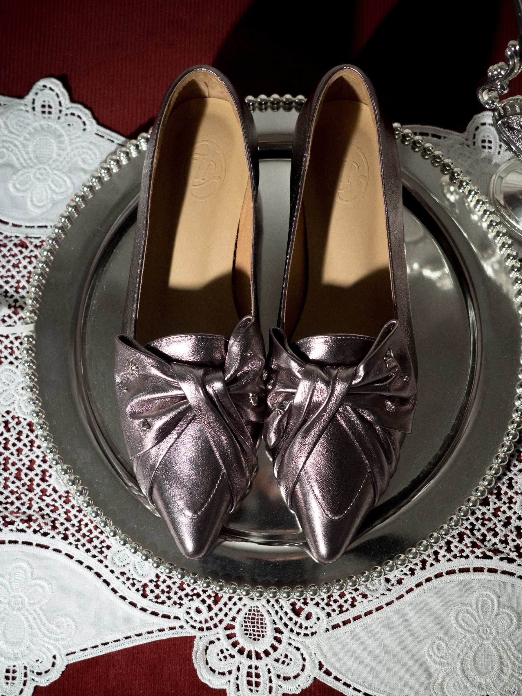 Addison || Pointed Toe Stud-Embellished Bow Flats