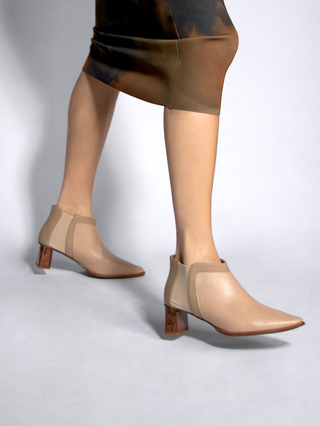 Mixed-Leather Pointed Marble-Heel Ankle Boots