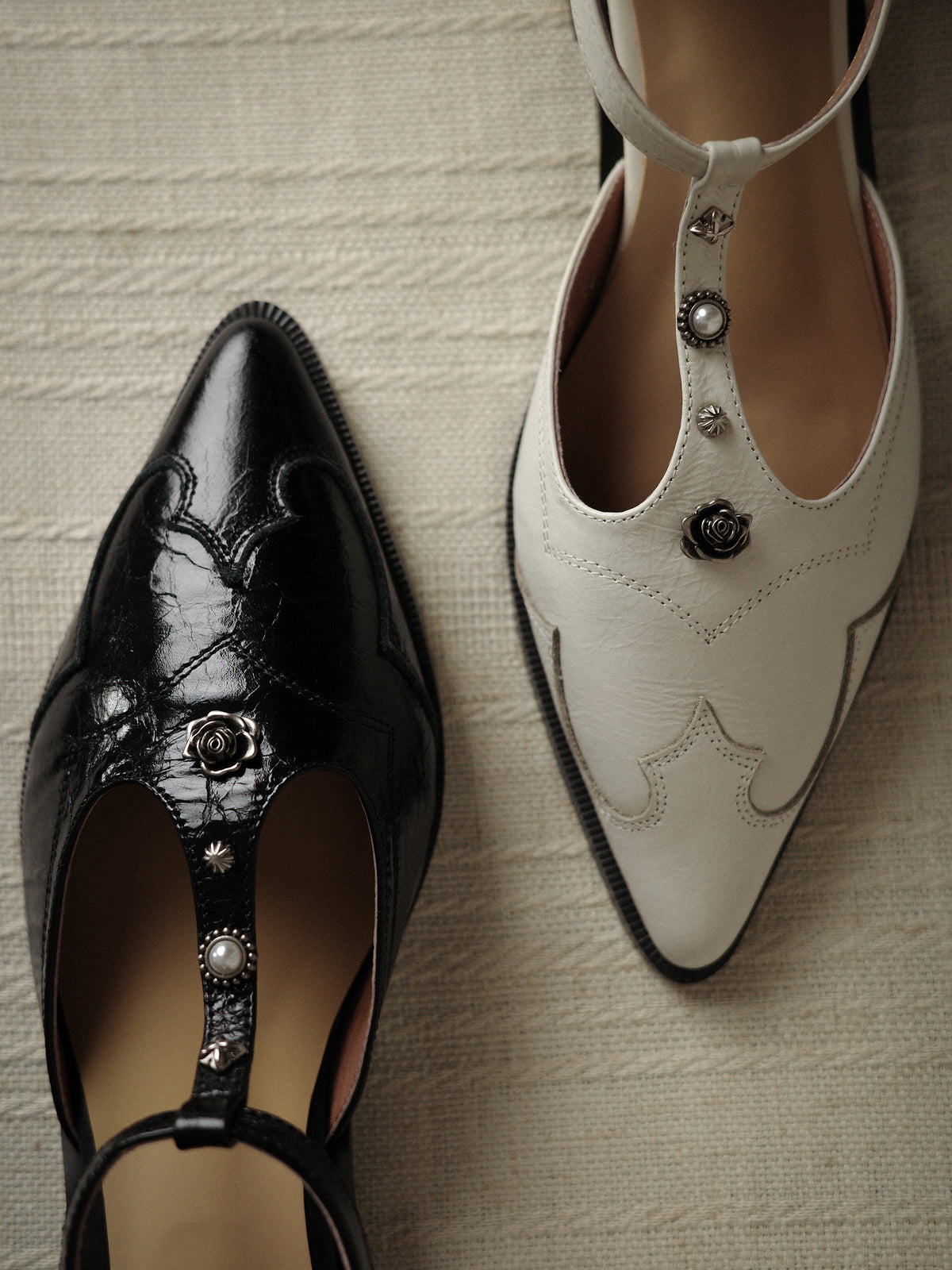Rosalie・Pointed-Toe Western Embellished T-Strap Flats