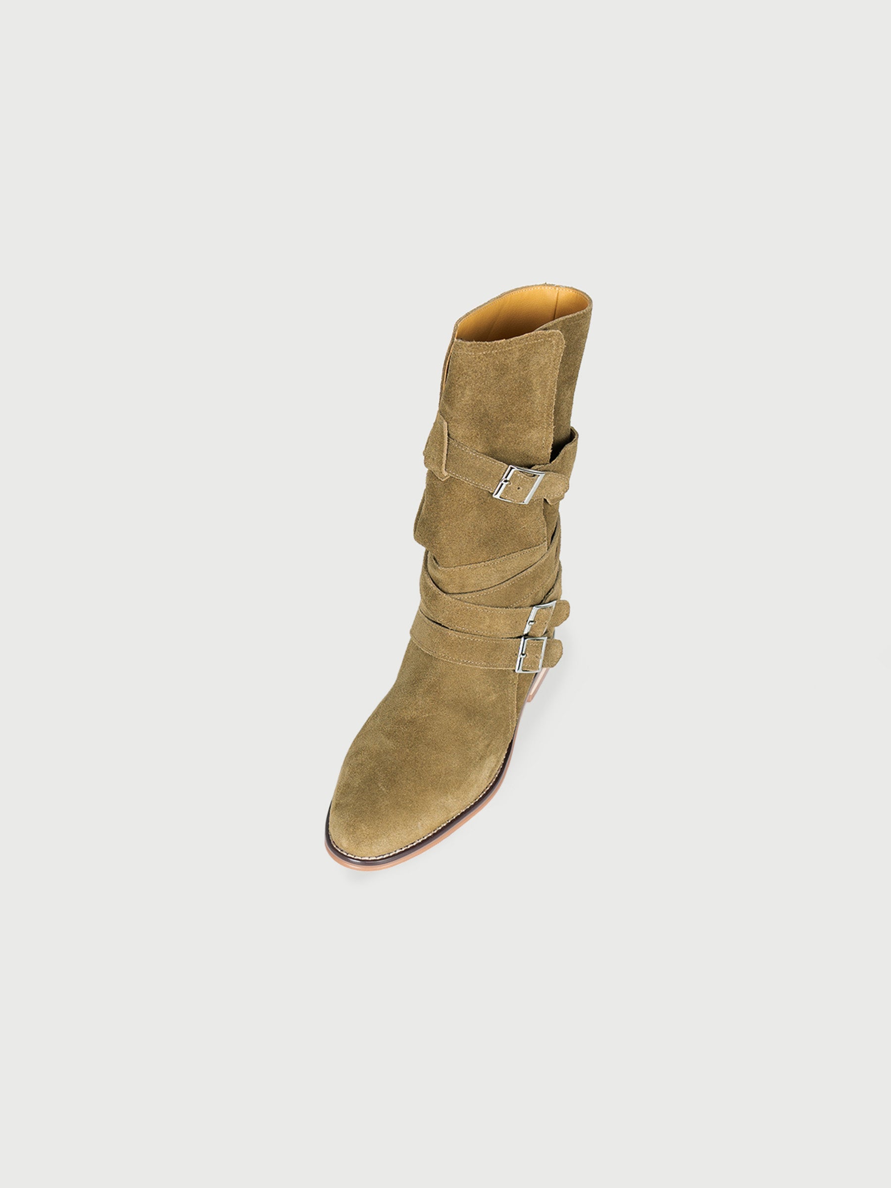 Almond Toe Leather Triple Buckle Boots