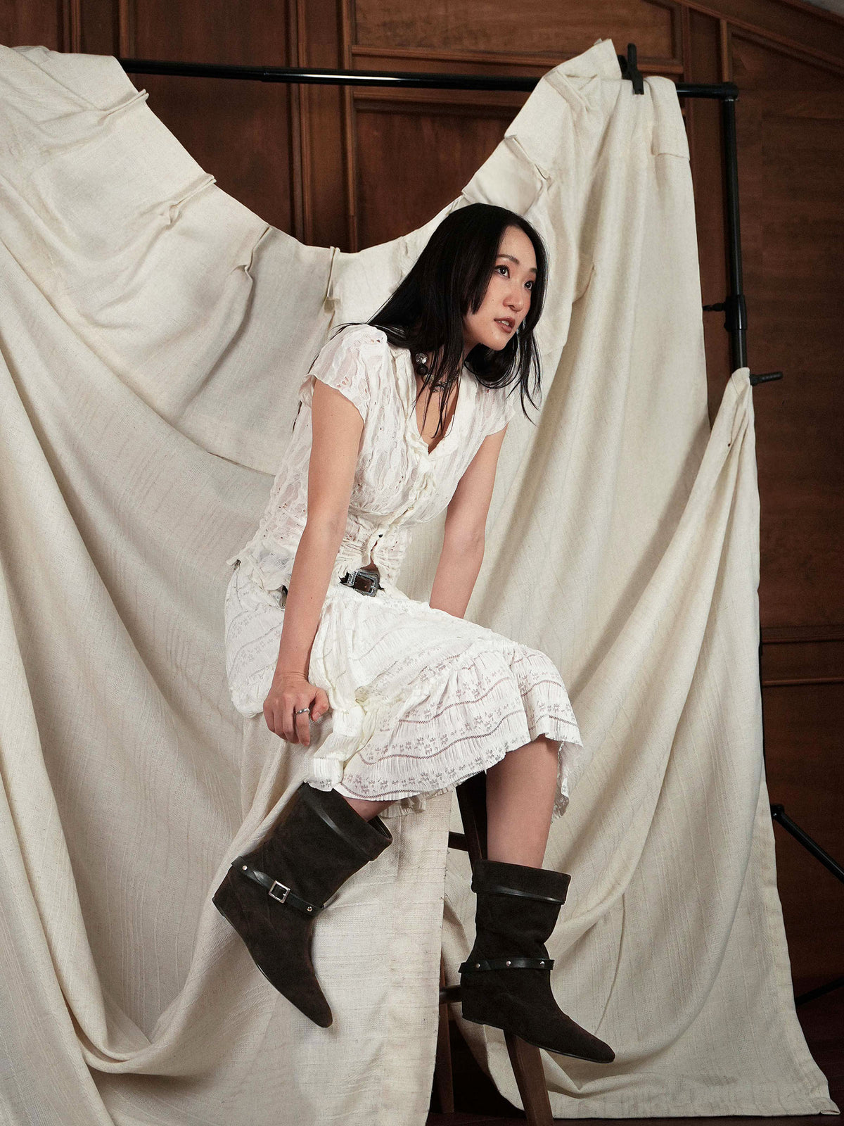 Blair・Almond-Toe Buckled Wedge Boots
