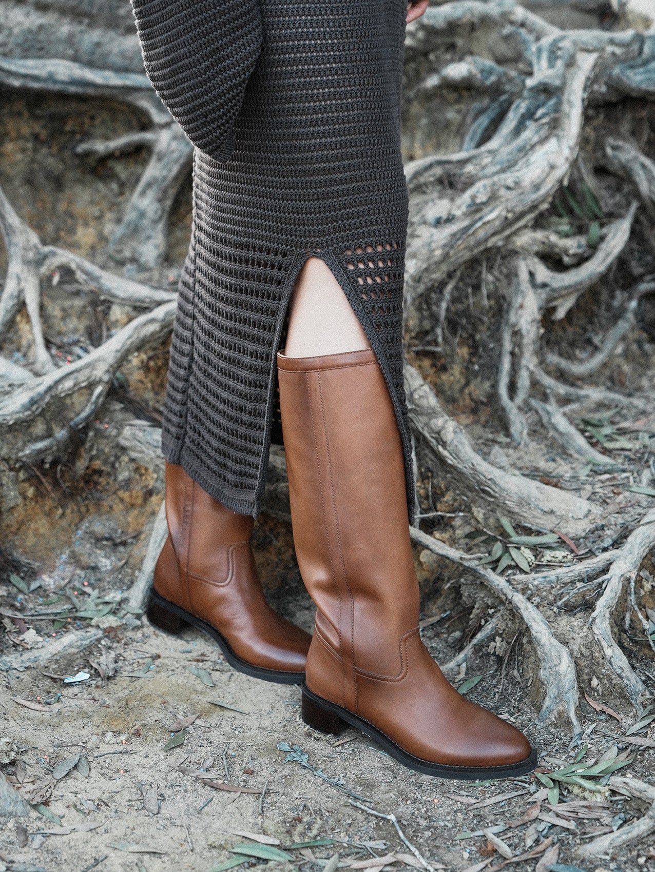 Block Heel Knee High Leather Boots