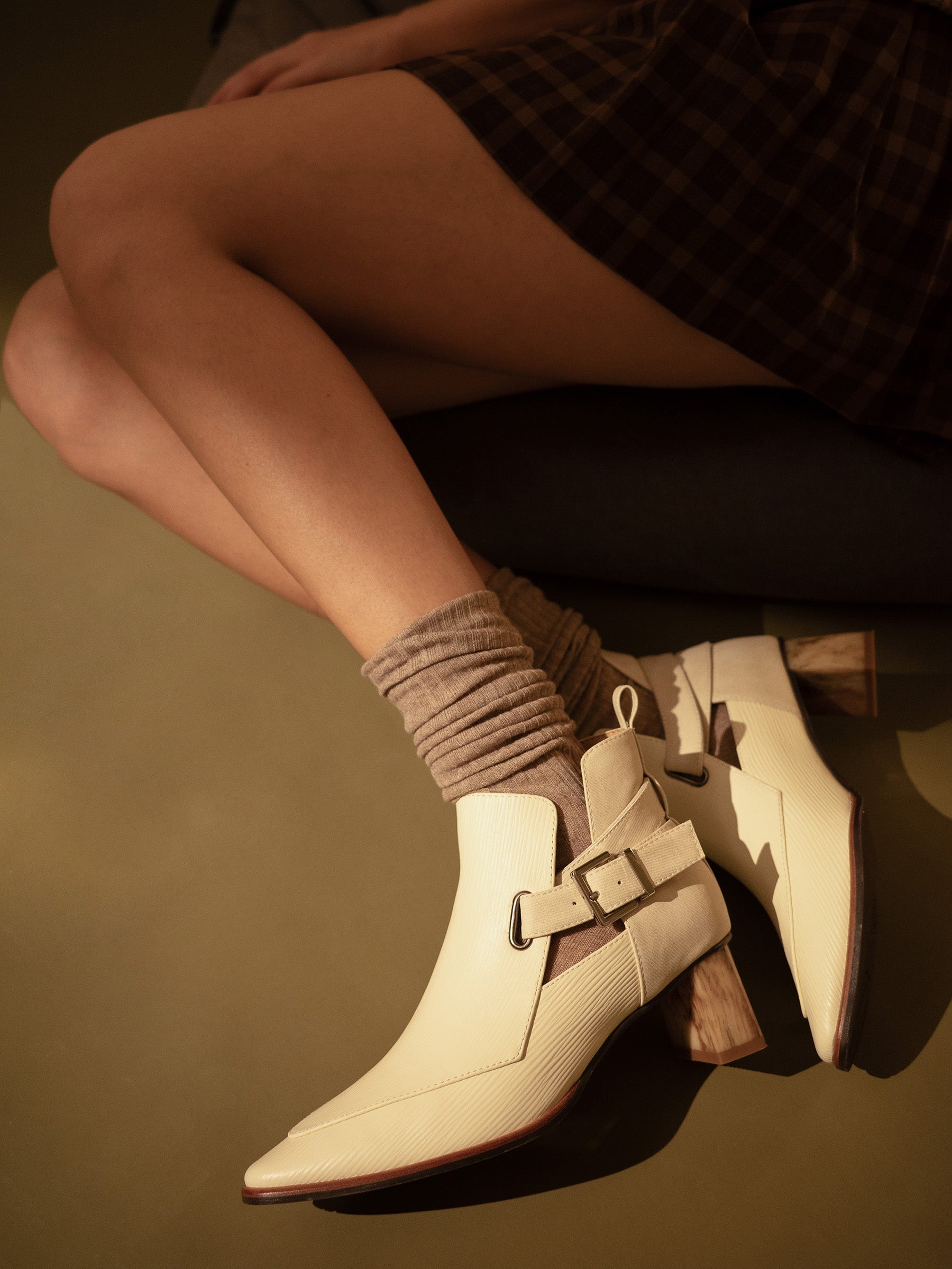 Pointed Marble-Heel Ankle Buckle Boots