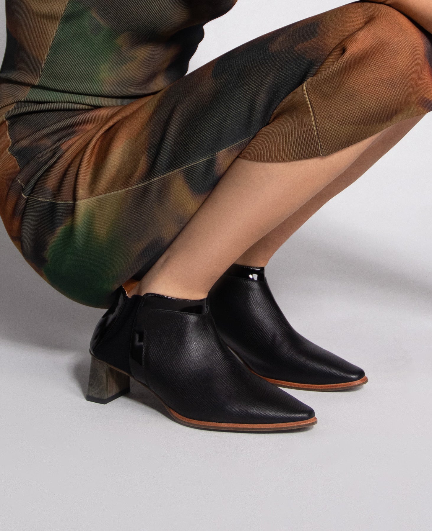 Mixed-Leather Pointed Marble-Heel Ankle Boots