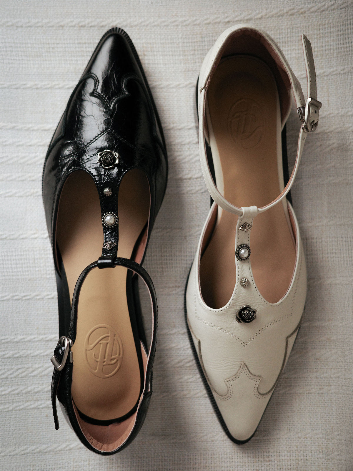 Rosalie・Pointed-Toe Western Embellished T-Strap Flats